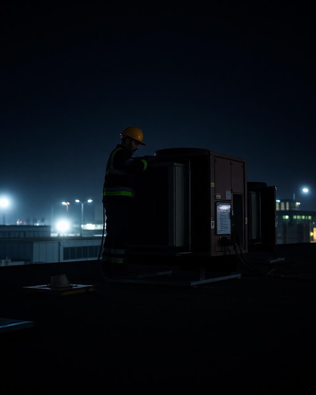 Commercial HVAC technician working on a rooftop unit at night