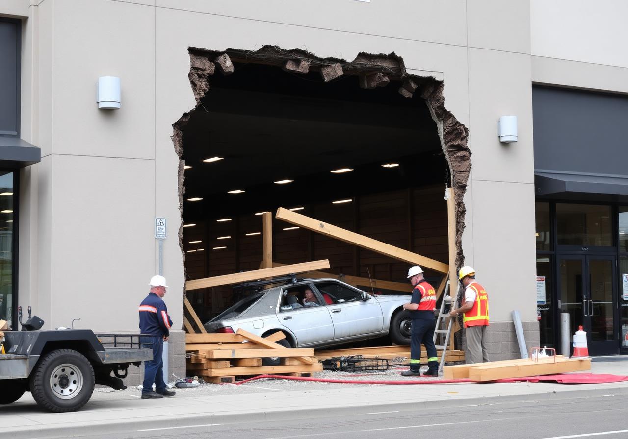 Crews shoring a commercial storefront after a vehicle impact